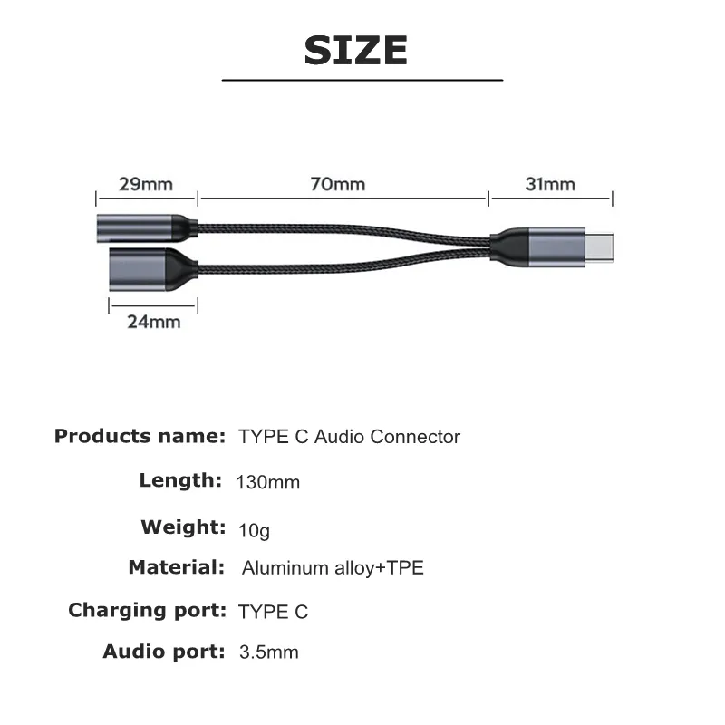 2 in 1 Charger And Audio Type C Cables Earphone Headphones Jack Adapter Connector Cable 3.5mm Aux Headphone For Android Phones