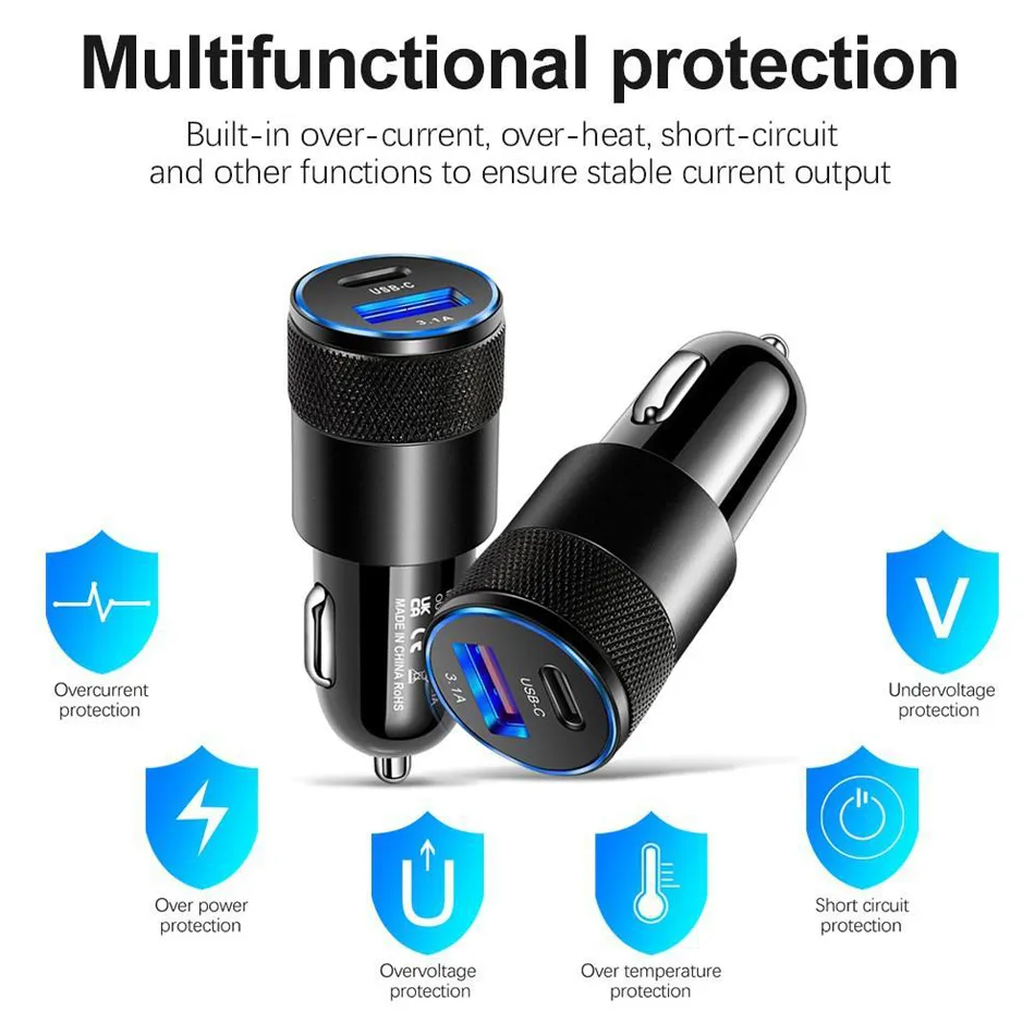 High-Quality USB Dual Port Car Charging, 20 W 3.1A Adapter for iPhones