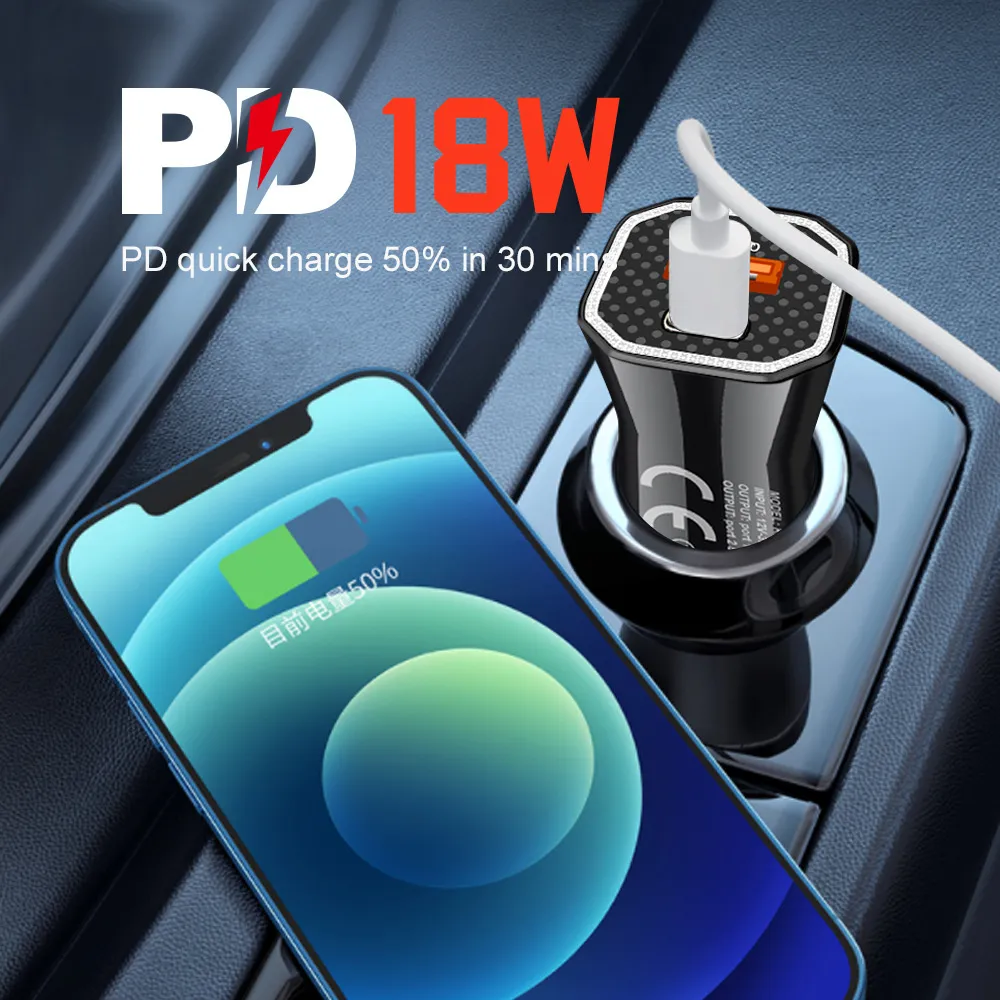 Car Charger Dual Port 18W PD QC3.0 Fast Charging USB Type CABS Metal