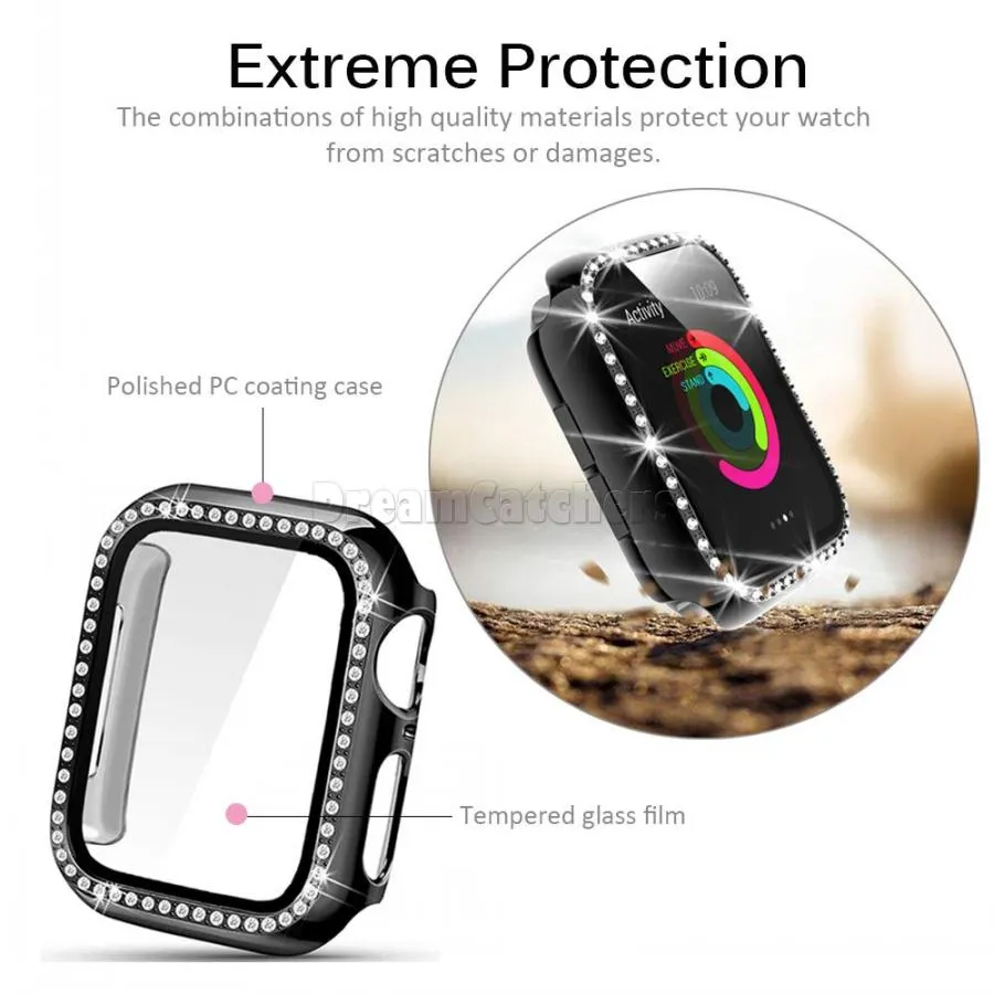 Tempered Glass Screen Protector for Apple Watch Series 6/SE/5/4/3/2/1, 40mm/44mm/38mm/42mm/41mm/45mm/49mm, Diamond Bumper Case Cover