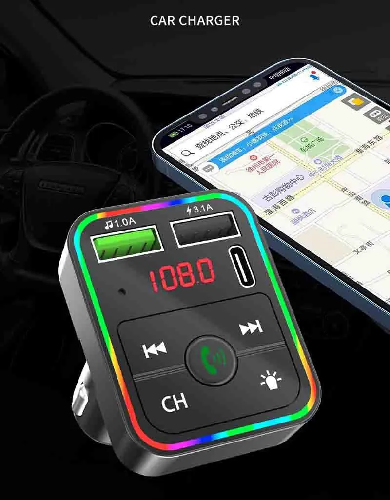 Car Bluetooth FM Transmitter, Dual USB Fast Charging PD Type C Ports, Handsfree Audio Receiver, MP3 Player for Cellphones