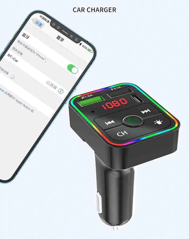 Car Bluetooth FM Transmitter, Dual USB Fast Charging PD Type C Ports, Handsfree Audio Receiver, MP3 Player for Cellphones