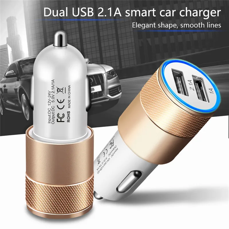 2-Port USB Car Charger, Aluminum Alloy, 2.1A Dual USB Ports, Universal Intelligent Charging, Strong Compatibility, DC12-24V