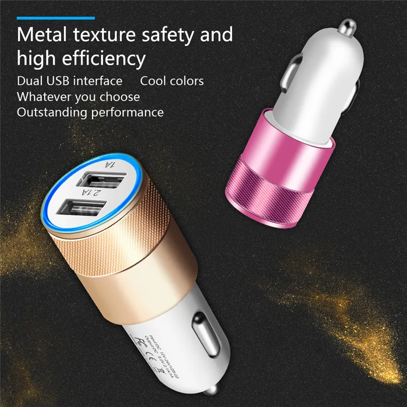 2-Port USB Car Charger, Aluminum Alloy, 2.1A Dual USB Ports, Universal Intelligent Charging, Strong Compatibility, DC12-24V