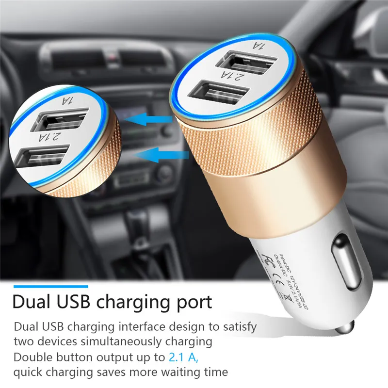 2-Port USB Car Charger, Aluminum Alloy, 2.1A Dual USB Ports, Universal Intelligent Charging, Strong Compatibility, DC12-24V