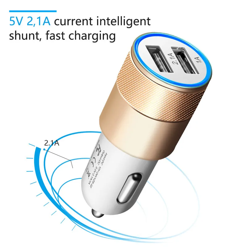 2-Port USB Car Charger, Aluminum Alloy, 2.1A Dual USB Ports, Universal Intelligent Charging, Strong Compatibility, DC12-24V