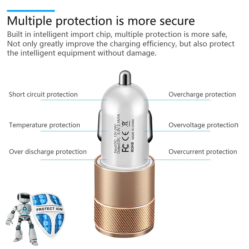 2-Port USB Car Charger, Aluminum Alloy, 2.1A Dual USB Ports, Universal Intelligent Charging, Strong Compatibility, DC12-24V