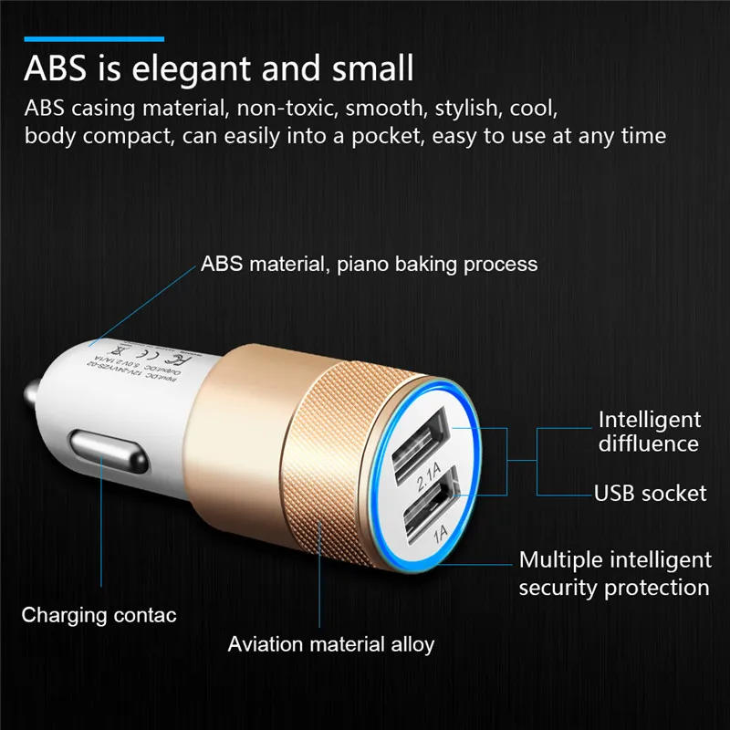 2-Port USB Car Charger, Aluminum Alloy, 2.1A Dual USB Ports, Universal Intelligent Charging, Strong Compatibility, DC12-24V