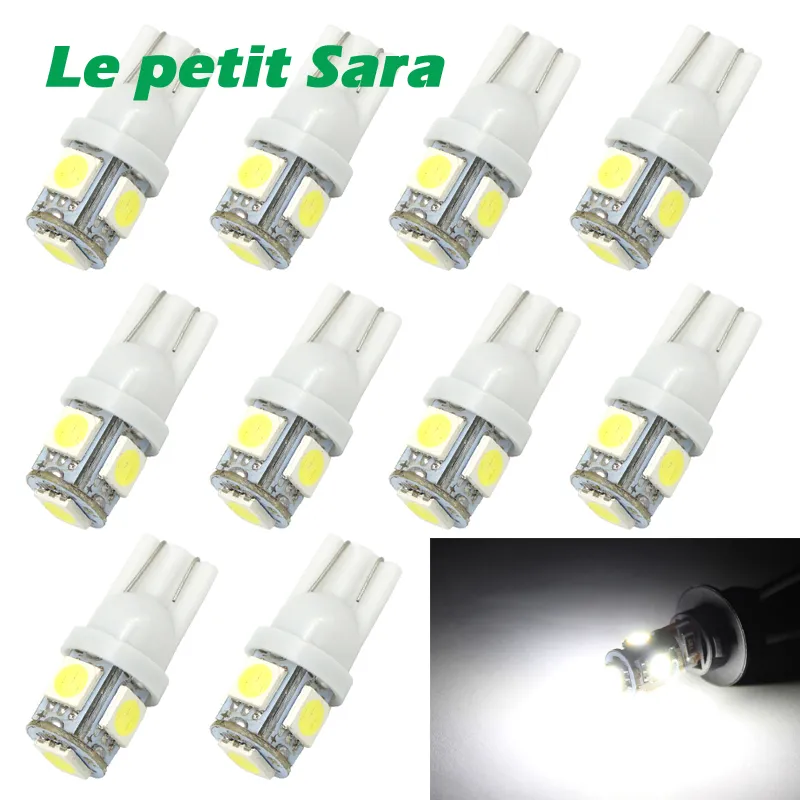 10-Pack T10 194 168 LED Car Bulbs, 5-SMD 5050 W5W for Dome, Door, License Plate Lights - White