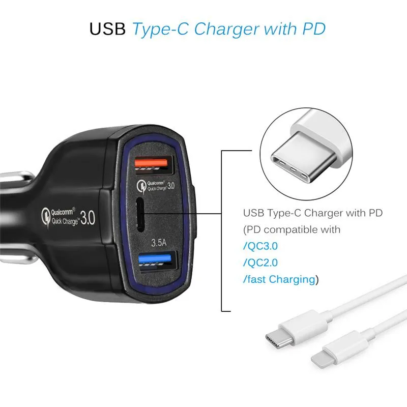 QC 3.0 Car Charger Type C 35W 7A Fast Charger Dual USB Charger Quick Charging Plug 3 Ports Adapter with Retail Package