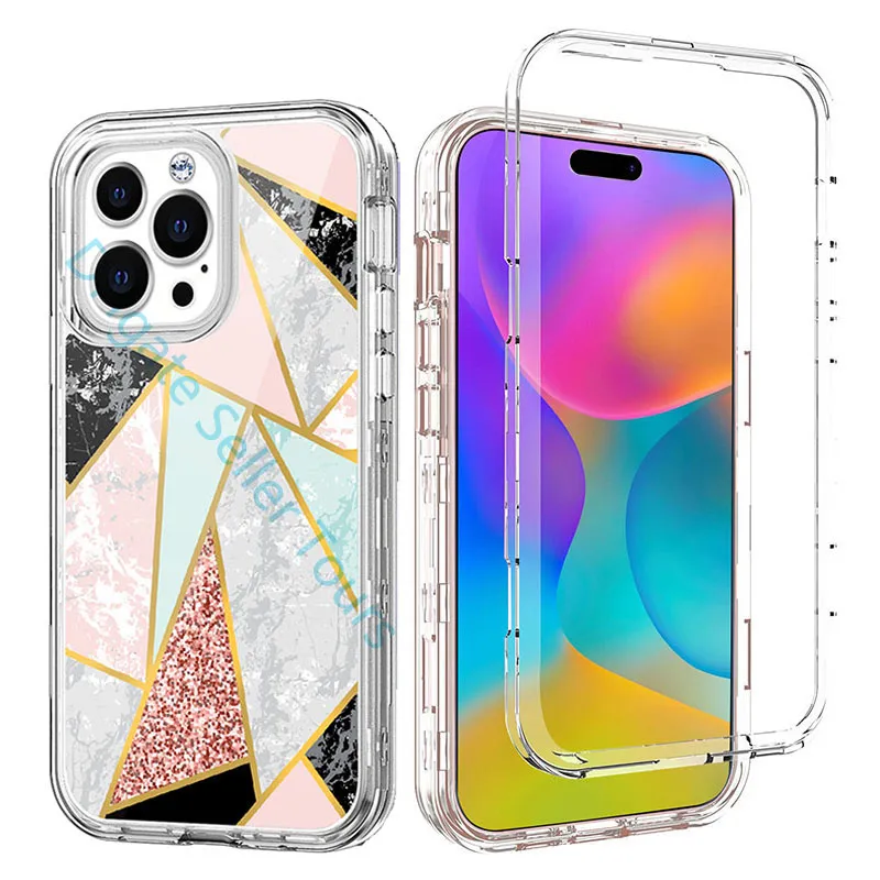 Heavy Duty Three Layer Defender Phone Case For Iphone 15 11 12 13 14 Pro Max 14Plus 12Mini XR XsMax SE 8Plus Shockproof Transparent Clear Armor Hard Luxury Marble Cover