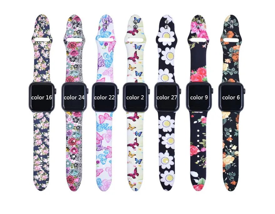 Floral Silicone Printed Straps for Apple Watch Bands, 38mm 40mm 42mm 44mm iWatch Series 1 2 3 4