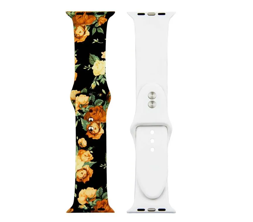 Floral Silicone Printed Straps for Apple Watch Bands, 38mm 40mm 42mm 44mm iWatch Series 1 2 3 4