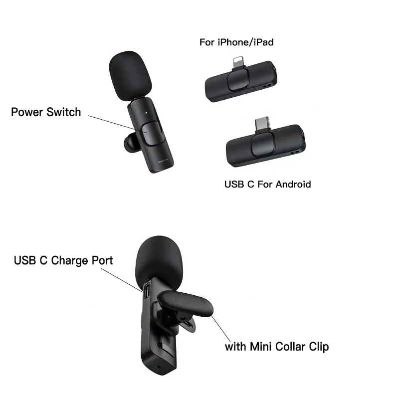 Wireless Lavalier Microphone, Portable Audio Video Recording Mini Mic for iPhone Android Live Broadcast Gaming Phone Microphone