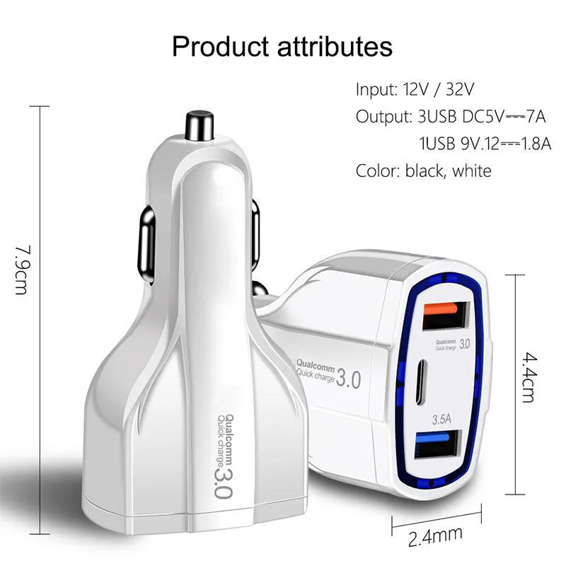 168dd 3port car charger 3 5a usb qc3 0 typec fast charging for iphone xiaomi samsung mini quick chargers vehicle adapter without package