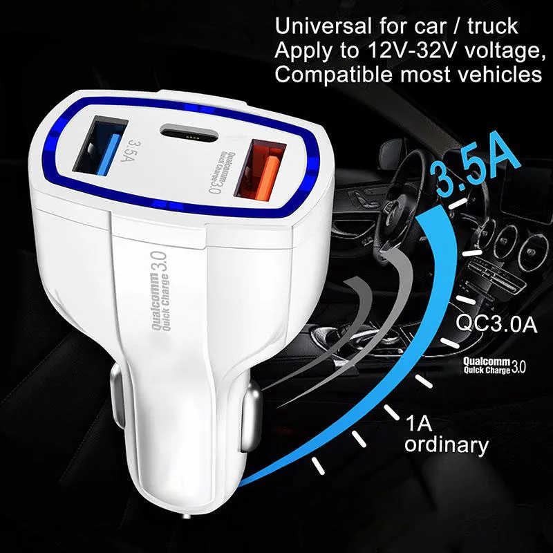 168dd 3port car charger 3 5a usb qc3 0 typec fast charging for iphone xiaomi samsung mini quick chargers vehicle adapter without package