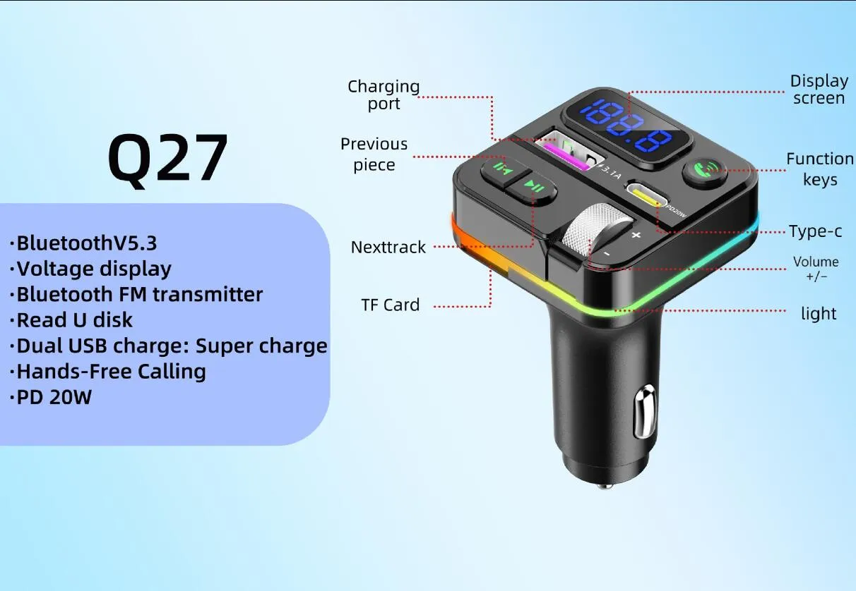 Wireless Bluetooth Car Kit, MP3 Player, Radio Transmitter, Audio Adapter, 3.1A FM Speaker, Type-C Fast USB C Port Charger, AUX